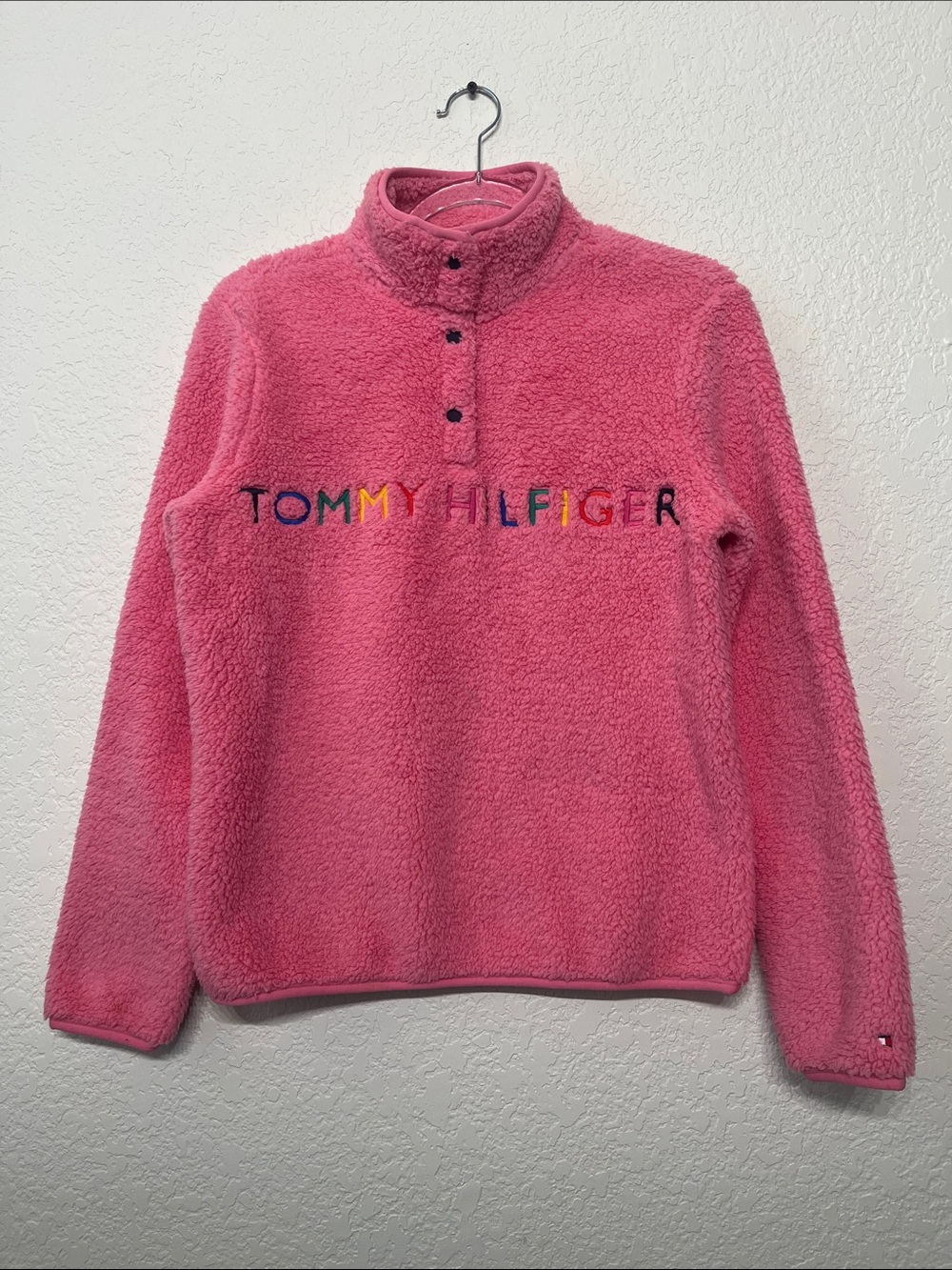 Tommy Hilfiger Women’s Size XS Pink Sherpa Embroidered Logo Snap-Front Pullover